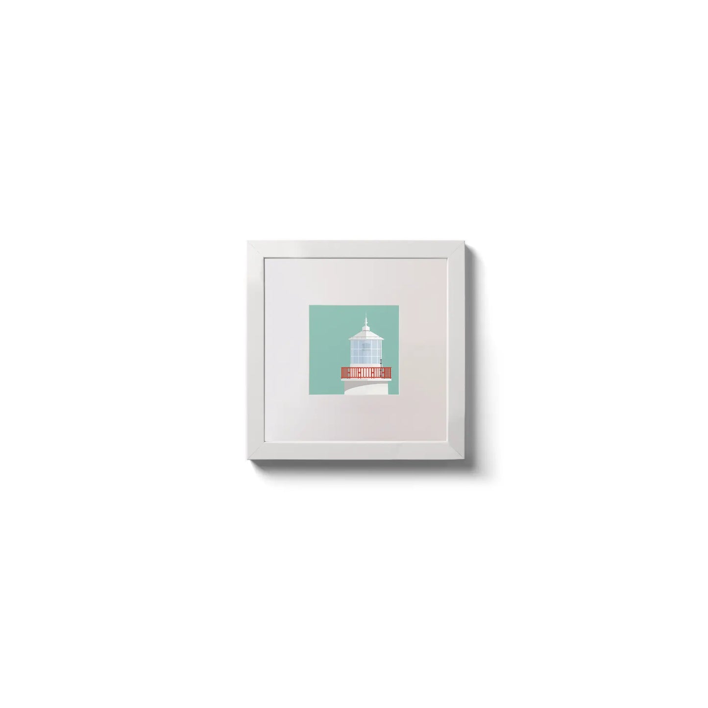 Illustration of Straw Island lighthouse on an ocean green background,  in a white square frame measuring 10x10cm.