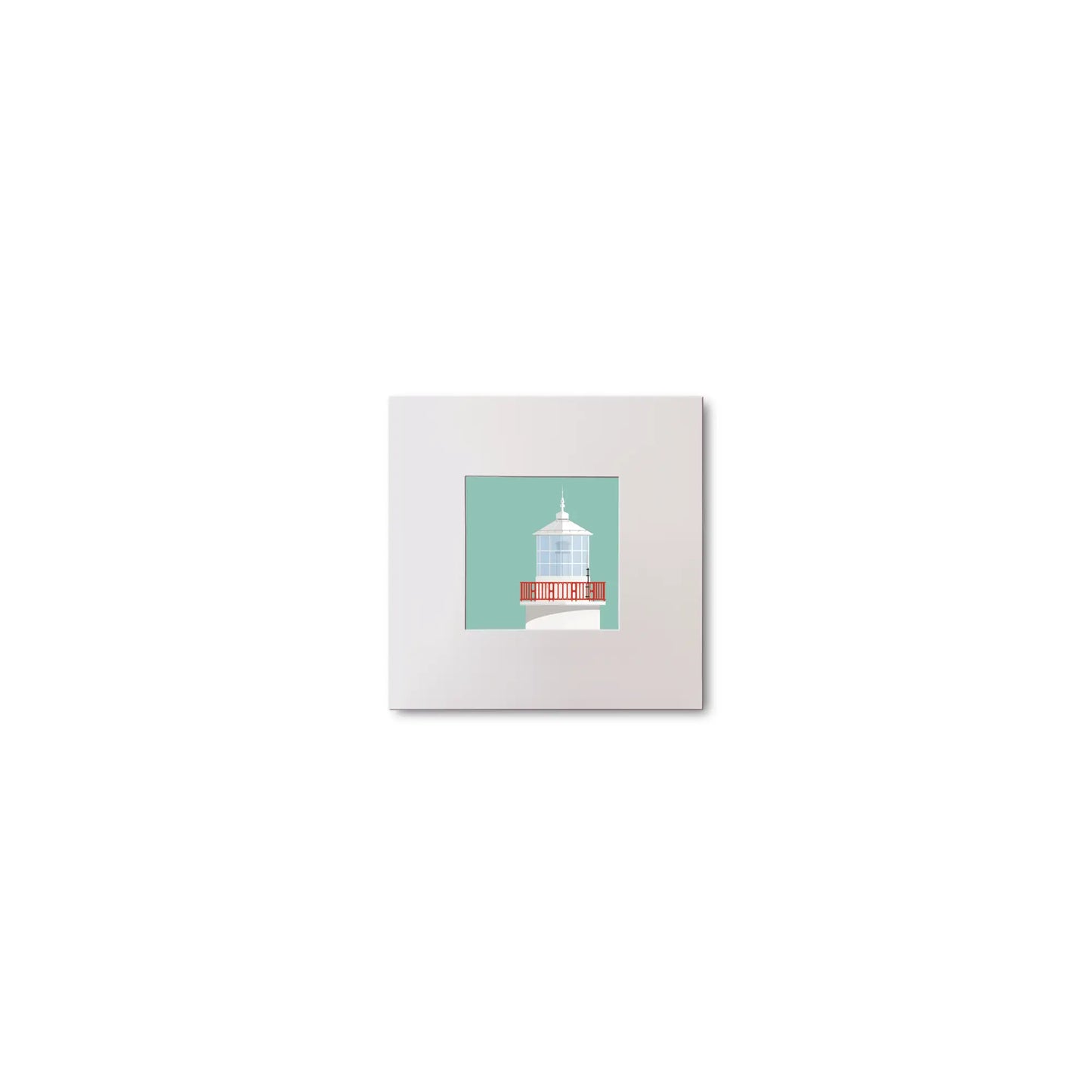 Illustration of Straw Island lighthouse on an ocean green background, mounted and measuring 10x10cm.