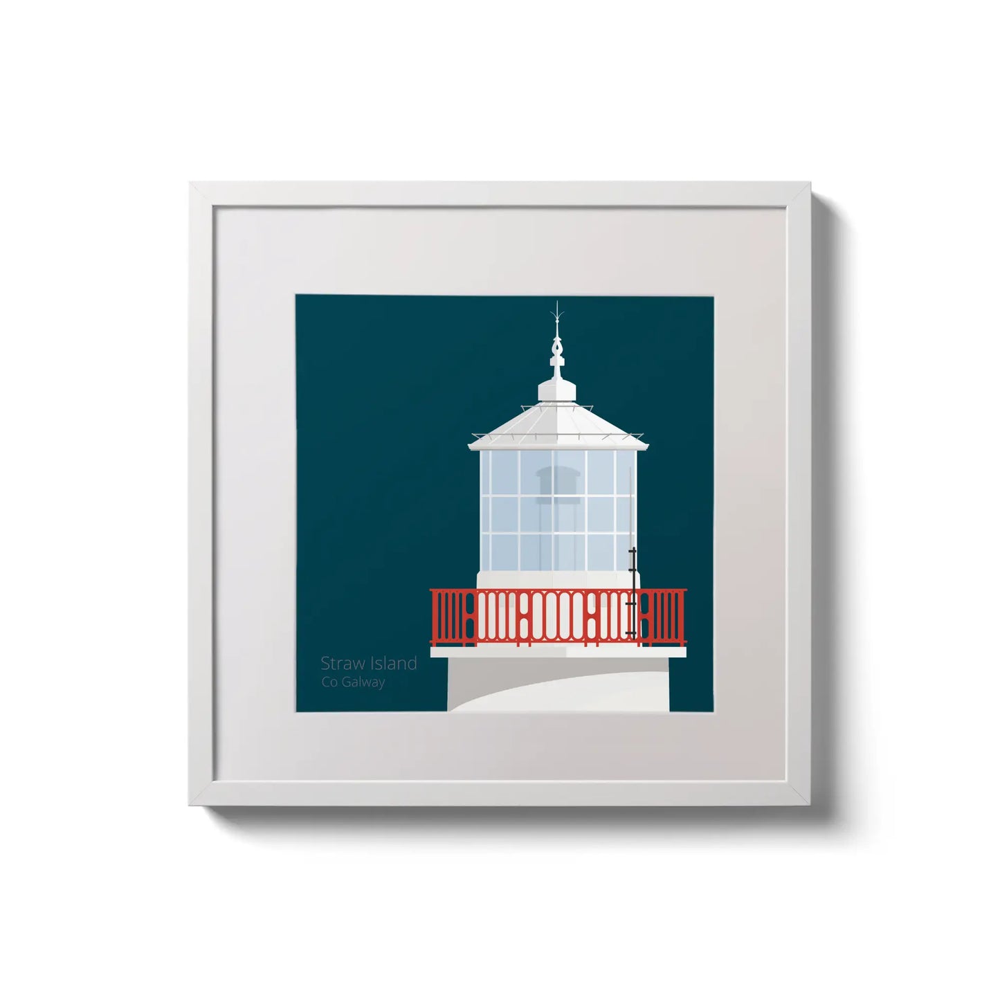 Framed wall art decoration of Straw Island lighthouse on a midnight blue background,  in a white square frame measuring 20x20cm.