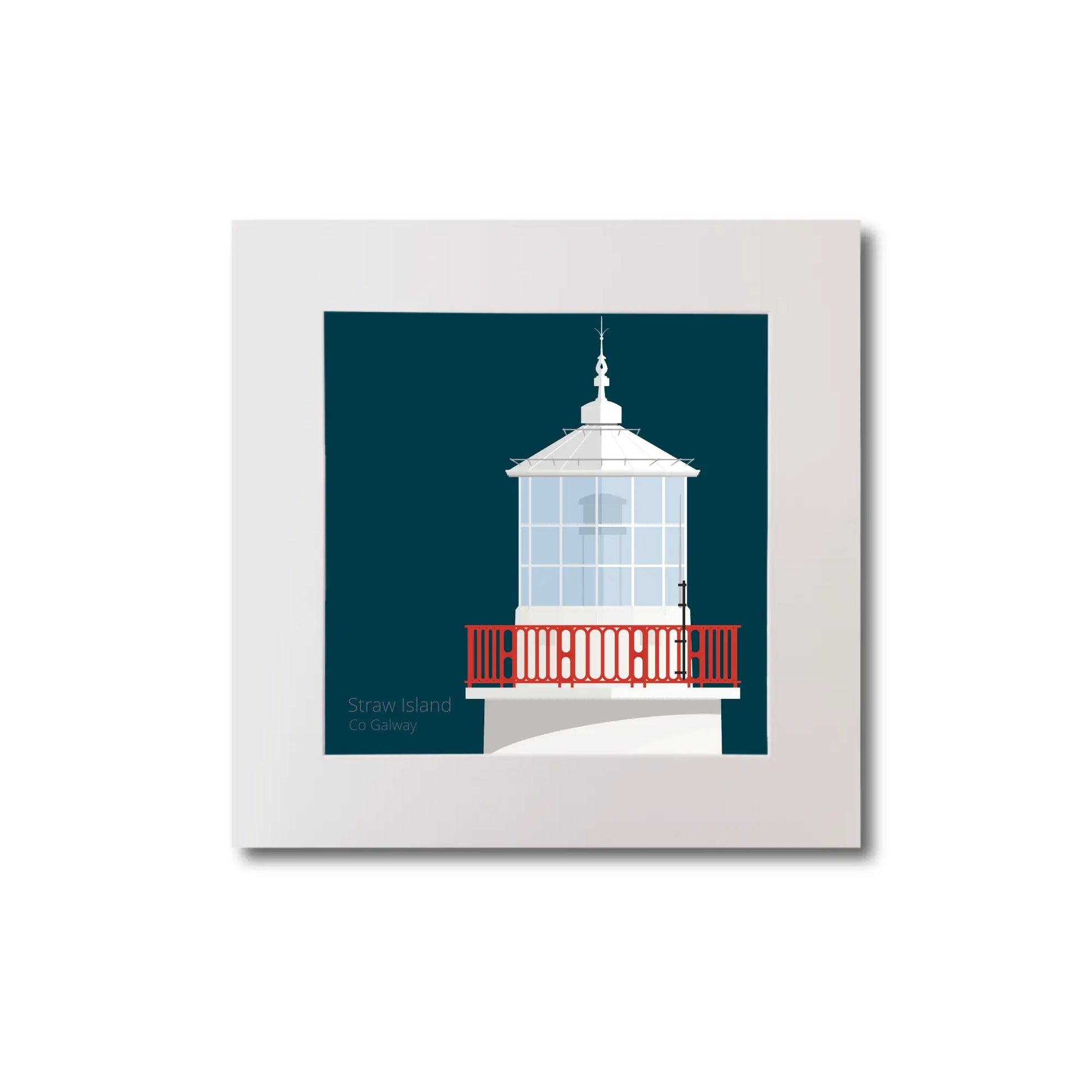 Illustration of Straw Island lighthouse on a midnight blue background, mounted and measuring 20x20cm.