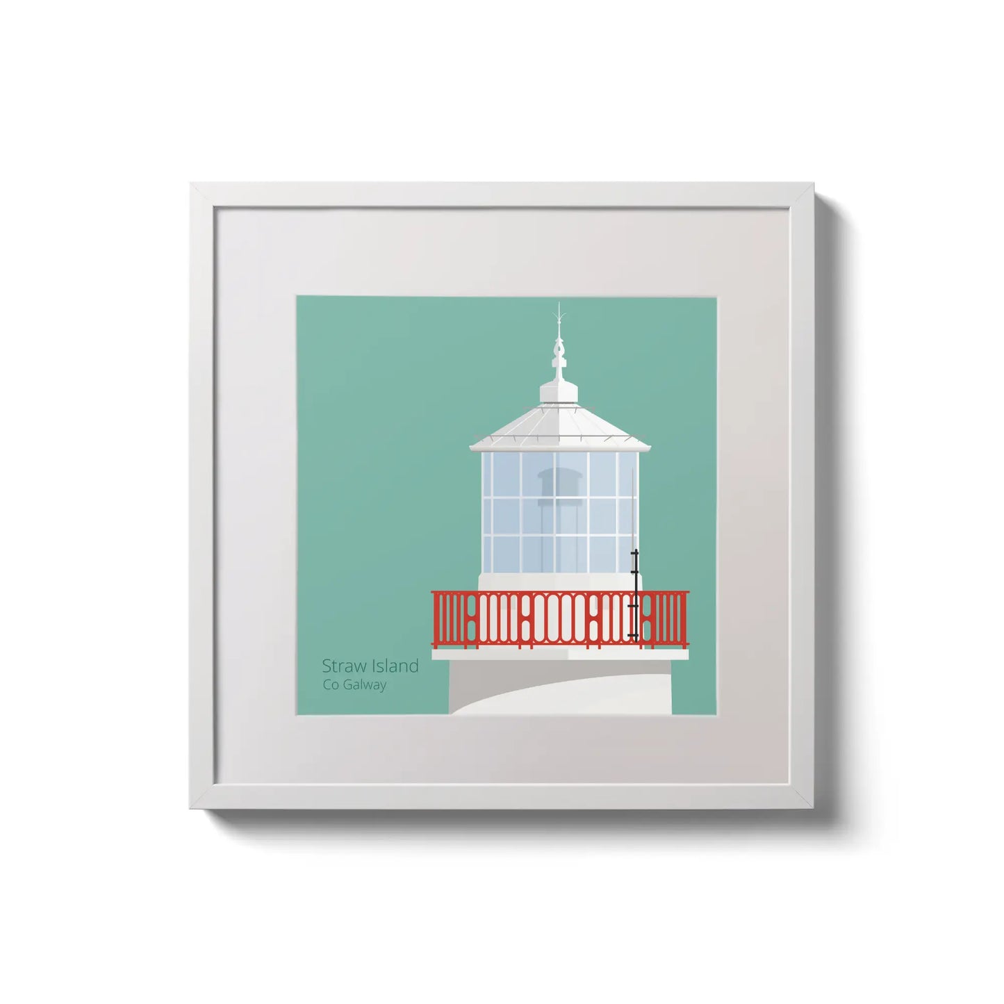 Contemporary wall hanging of Straw Island lighthouse on an ocean green background,  in a white square frame measuring 20x20cm.