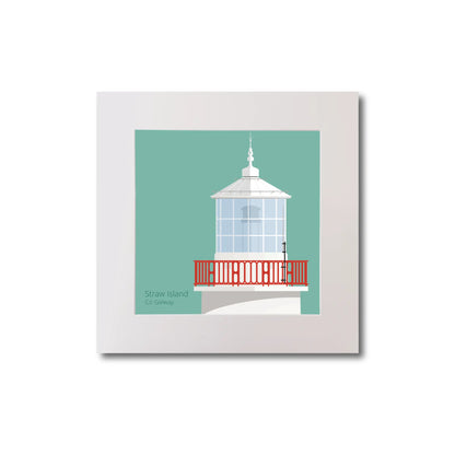 Illustration of Straw Island lighthouse on an ocean green background, mounted and measuring 20x20cm.