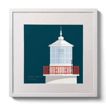 Illustration of Straw Island lighthouse on a midnight blue background,  in a white square frame measuring 30x30cm.