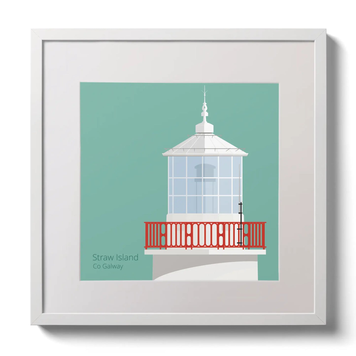 Illustration of Straw Island lighthouse on an ocean green background,  in a white square frame measuring 30x30cm.