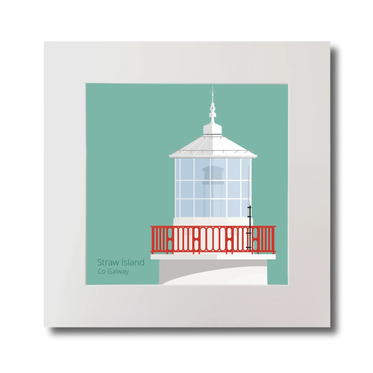 Illustration of Straw Island lighthouse on an ocean green background, mounted and measuring 30x30cm.