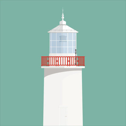 Contemporary graphic illustration of Straw Island lighthouse on a white background inside light blue square.