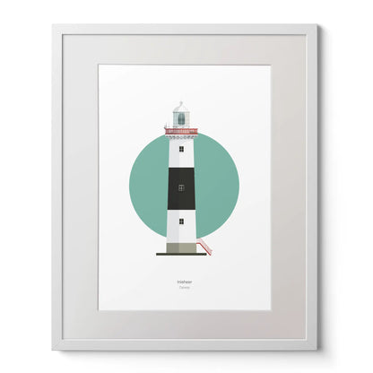 Contemporary art print of Inisheer lighthouse on a white background inside light blue square,  in a white frame measuring 40x50cm.