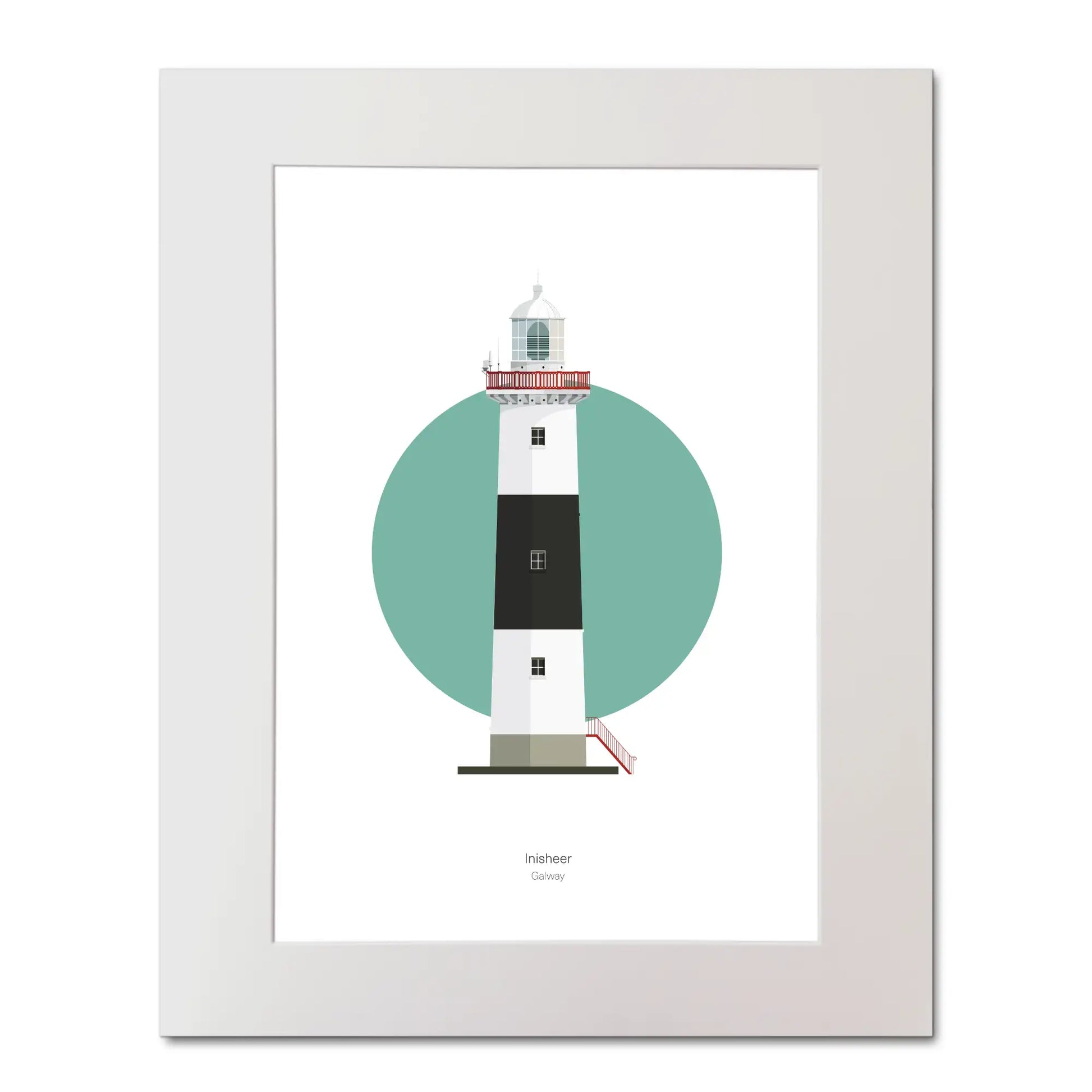 Contemporary illustration of Inisheer lighthouse on a white background inside light blue square, mounted and measuring 40x50cm.