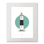 Contemporary illustration of Inisheer lighthouse on a white background inside light blue square, mounted and measuring 40x50cm.