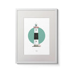 Contemporary wall art decor of Inisheer lighthouse on a white background inside light blue square,  in a white frame measuring 30x40cm.