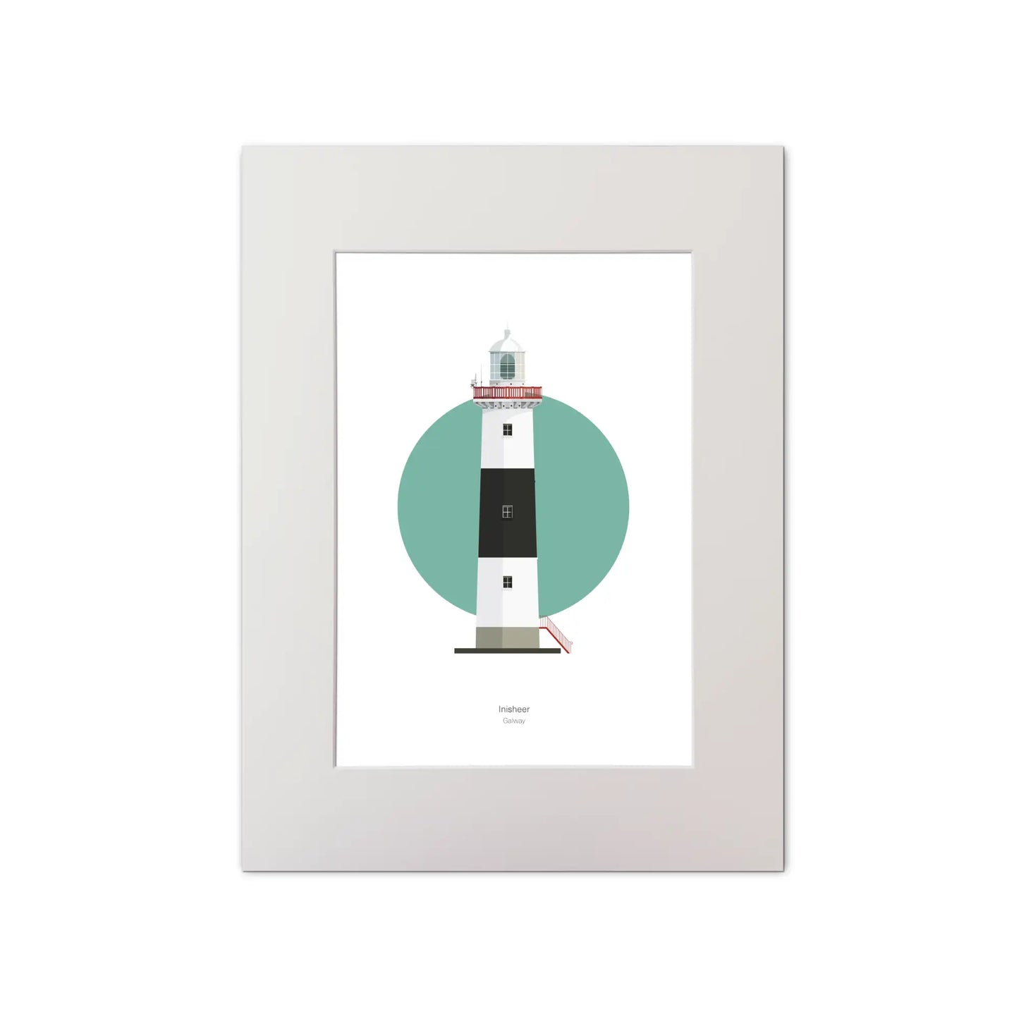 Contemporary graphic illustration of Inisheer lighthouse on a white background inside light blue square, mounted and measuring 30x40cm.