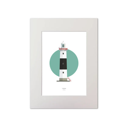 Contemporary graphic illustration of Inisheer lighthouse on a white background inside light blue square, mounted and measuring 30x40cm.