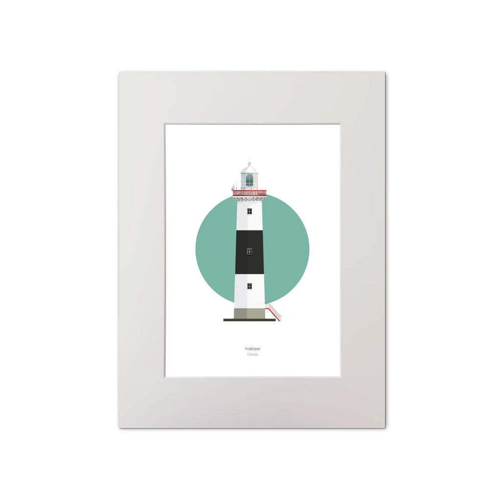 Contemporary graphic illustration of Inisheer lighthouse on a white background inside light blue square, mounted and measuring 30x40cm.