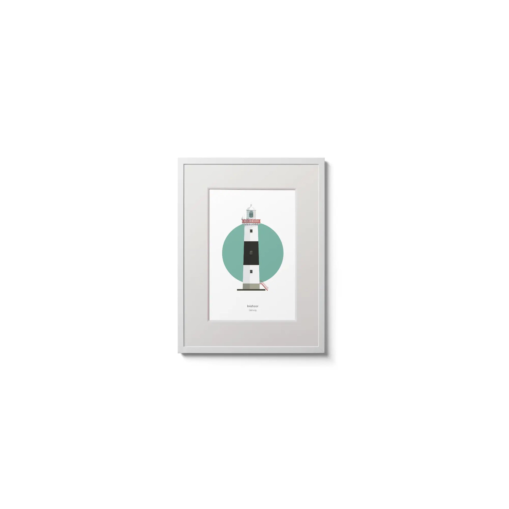 Contemporary wall hanging of Inisheer lighthouse on a white background inside light blue square,  in a white frame measuring 15x20cm.