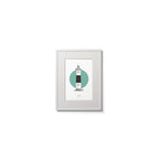 Contemporary wall hanging of Inisheer lighthouse on a white background inside light blue square,  in a white frame measuring 15x20cm.