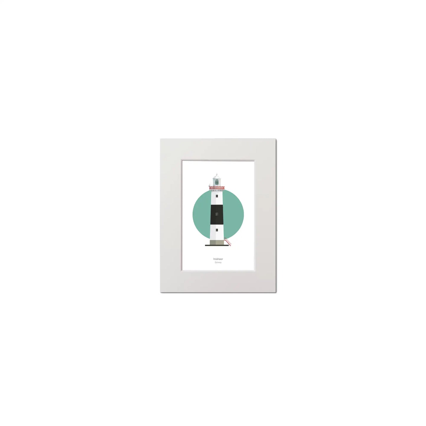 Contemporary graphic illustration of Inisheer lighthouse on a white background inside light blue square, mounted and measuring 15x20cm.