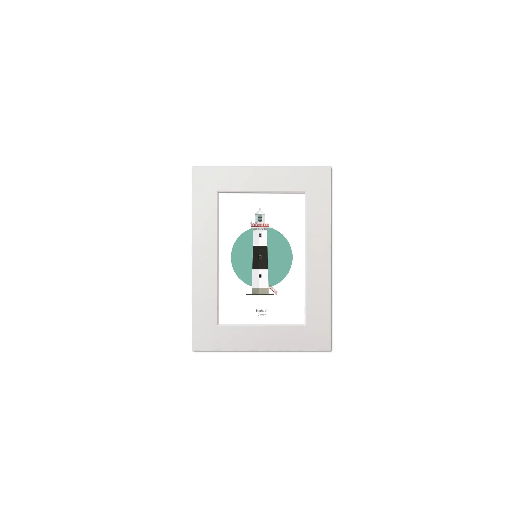 Contemporary graphic illustration of Inisheer lighthouse on a white background inside light blue square, mounted and measuring 15x20cm.