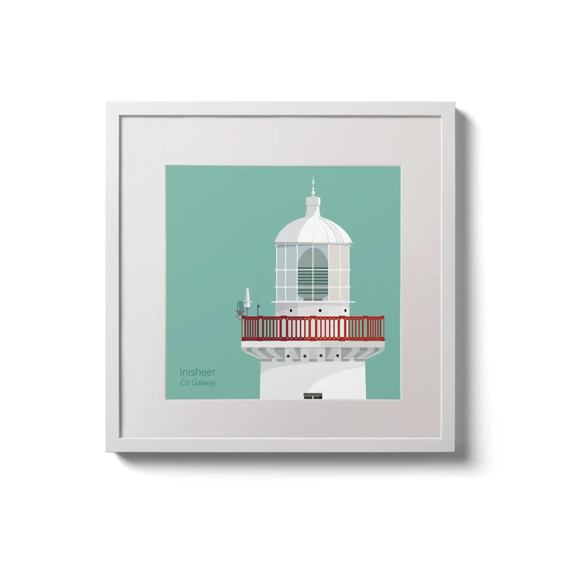 Contemporary wall hanging of Inisheer lighthouse on an ocean green background,  in a white square frame measuring 20x20cm.