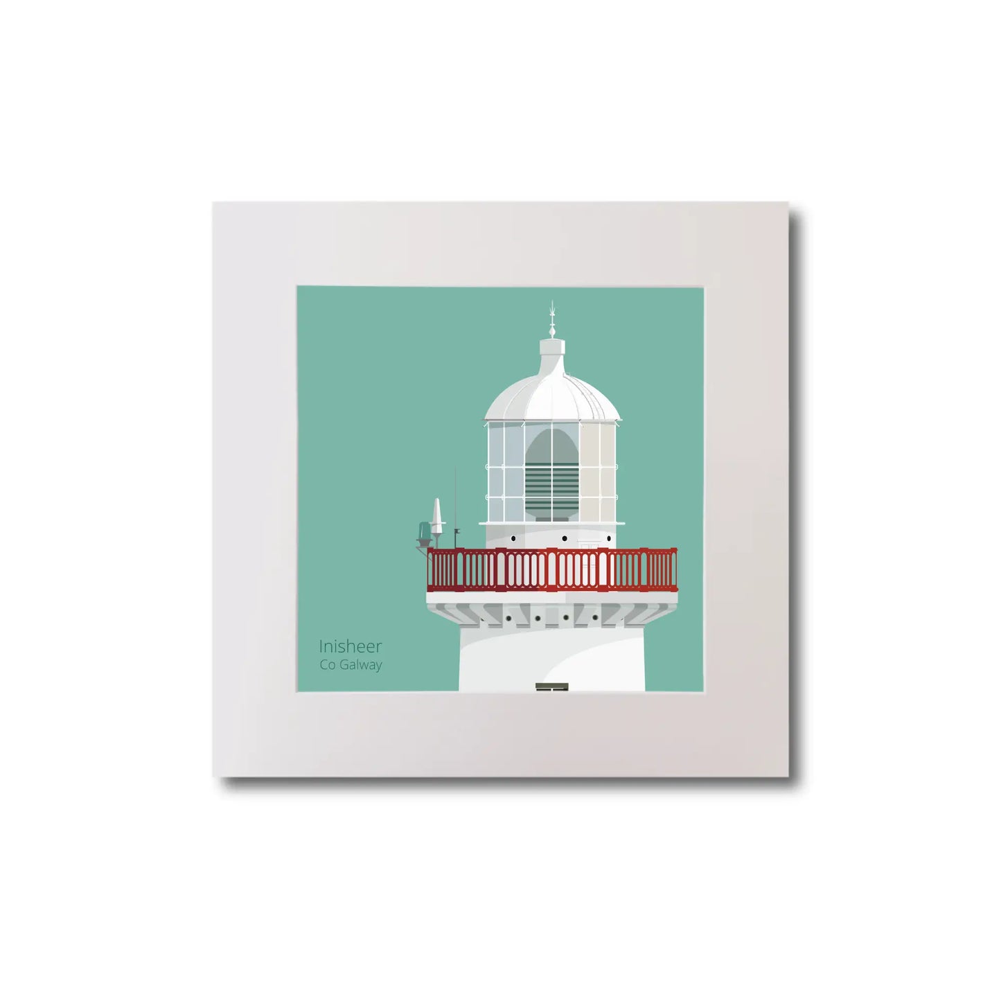 Illustration of Inisheer lighthouse on an ocean green background, mounted and measuring 20x20cm.