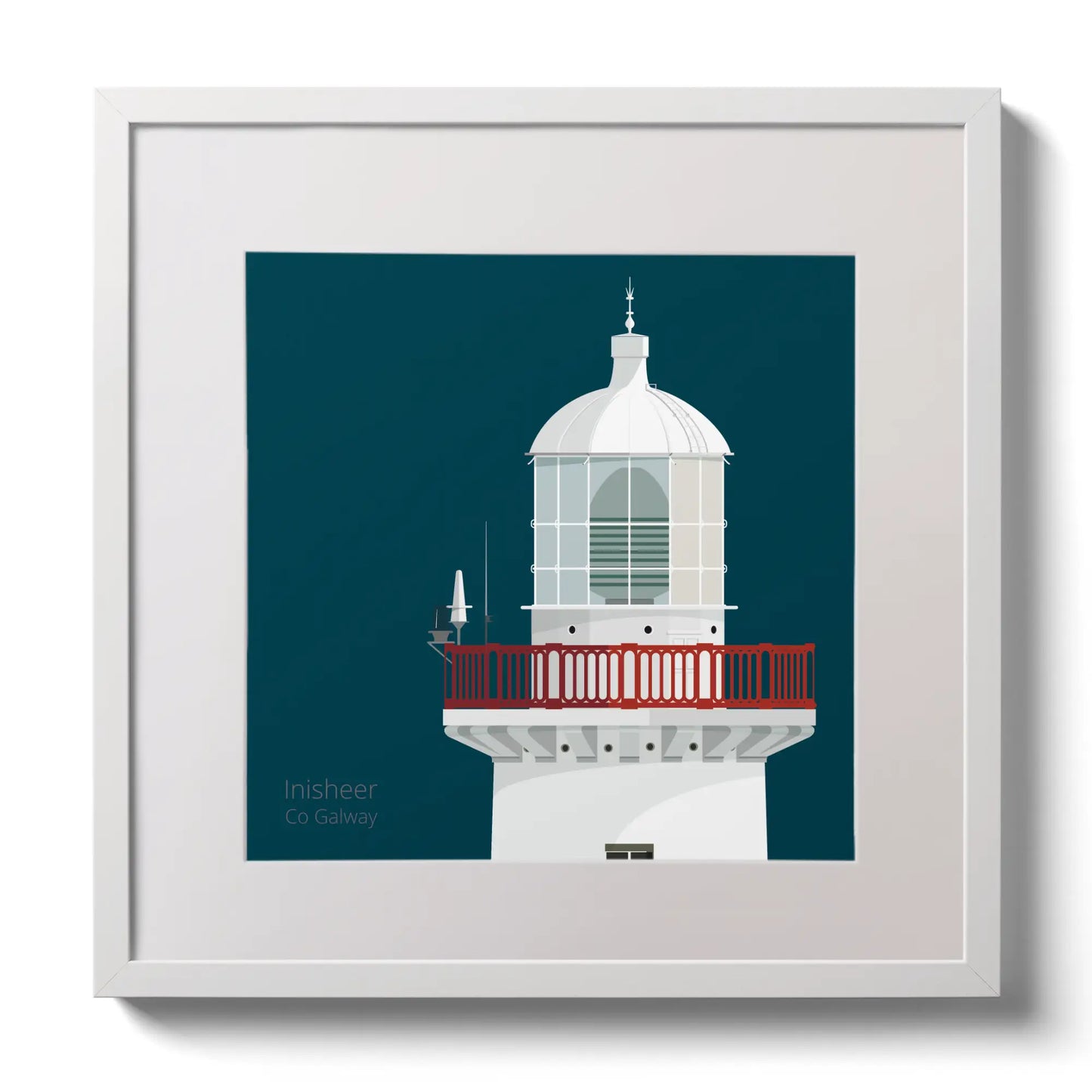 Illustration of Inisheer lighthouse on a midnight blue background,  in a white square frame measuring 30x30cm.