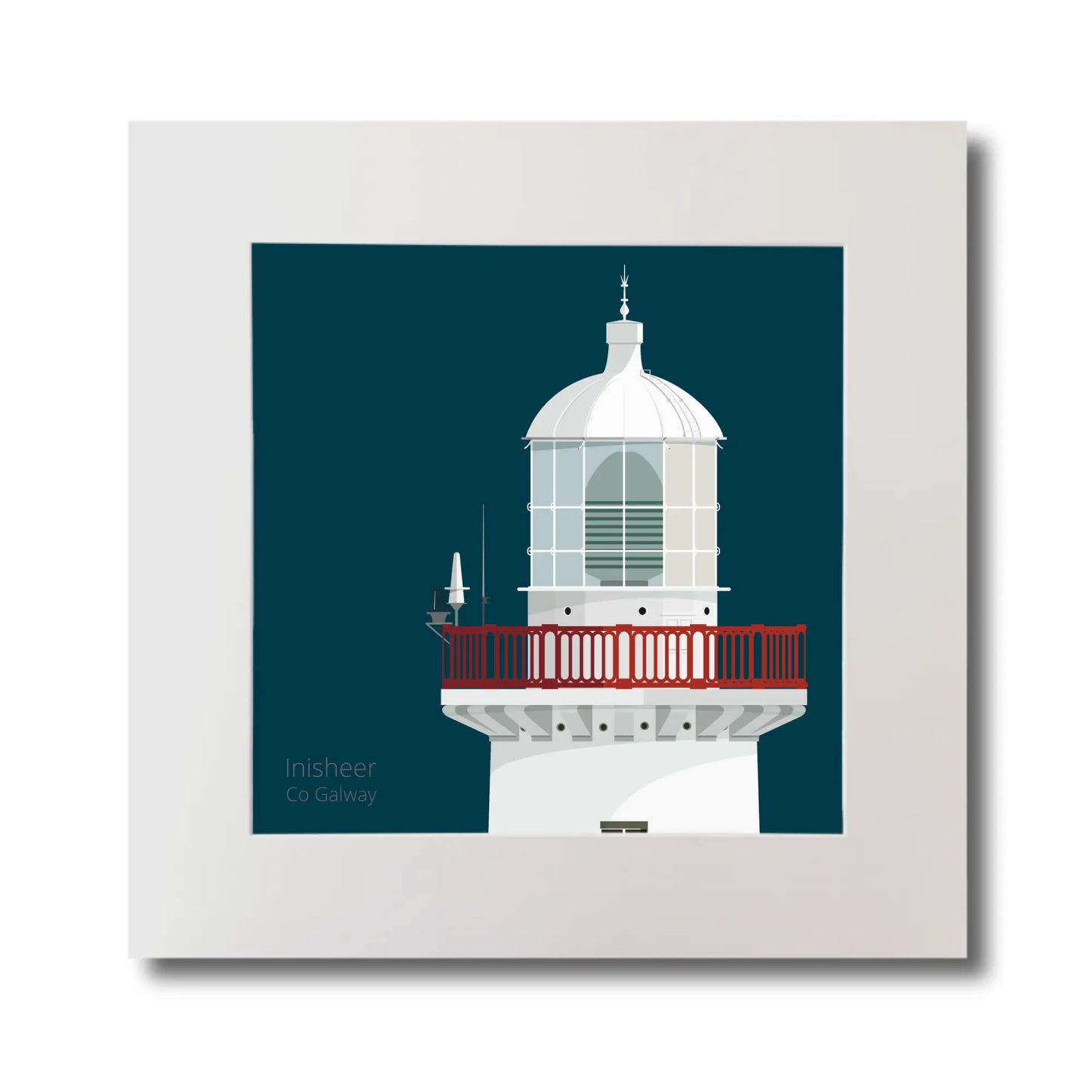 Illustration of Inisheer lighthouse on a midnight blue background, mounted and measuring 30x30cm.