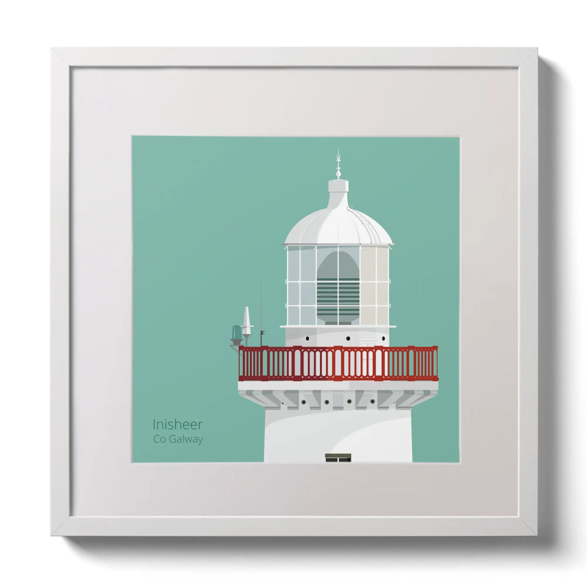 Illustration of Inisheer lighthouse on an ocean green background,  in a white square frame measuring 30x30cm.