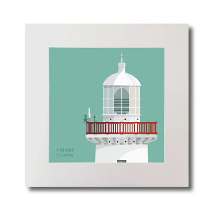 Illustration of Inisheer lighthouse on an ocean green background, mounted and measuring 30x30cm.