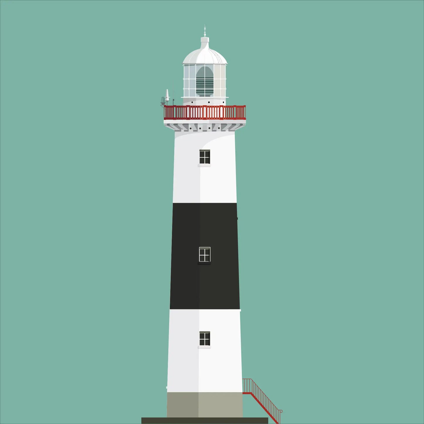 Contemporary graphic illustration of Inisheer lighthouse on a white background inside light blue square.