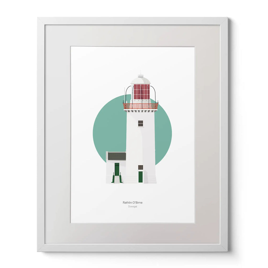 Contemporary art print of Rathlin O’Birne lighthouse on a white background inside light blue square,  in a white frame measuring 40x50cm.