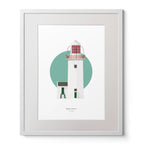 Contemporary art print of Rathlin O’Birne lighthouse on a white background inside light blue square,  in a white frame measuring 40x50cm.