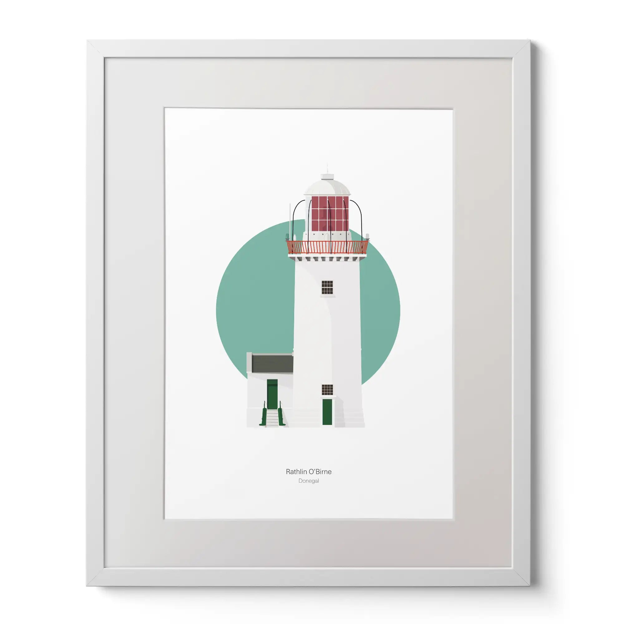 Contemporary art print of Rathlin O’Birne lighthouse on a white background inside light blue square,  in a white frame measuring 40x50cm.