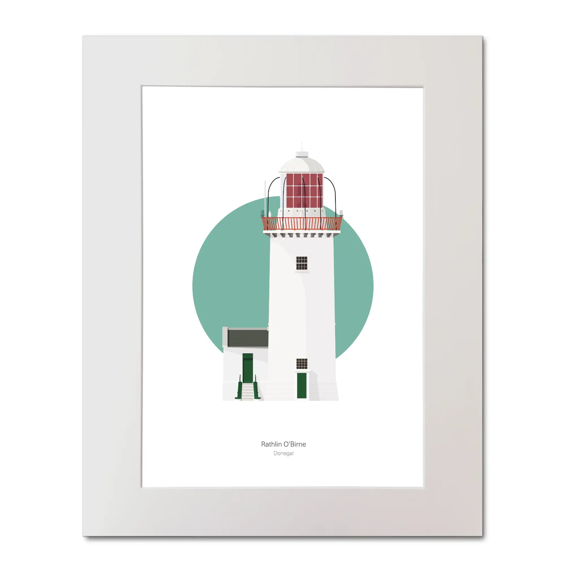 Contemporary illustration of Rathlin O’Birne lighthouse on a white background inside light blue square, mounted and measuring 40x50cm.