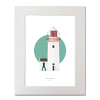 Contemporary illustration of Rathlin O’Birne lighthouse on a white background inside light blue square, mounted and measuring 40x50cm.
