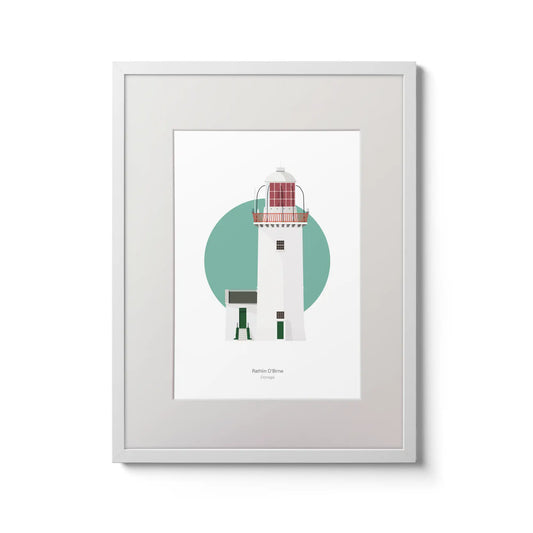 Contemporary wall art decor of Rathlin O’Birne lighthouse on a white background inside light blue square,  in a white frame measuring 30x40cm.