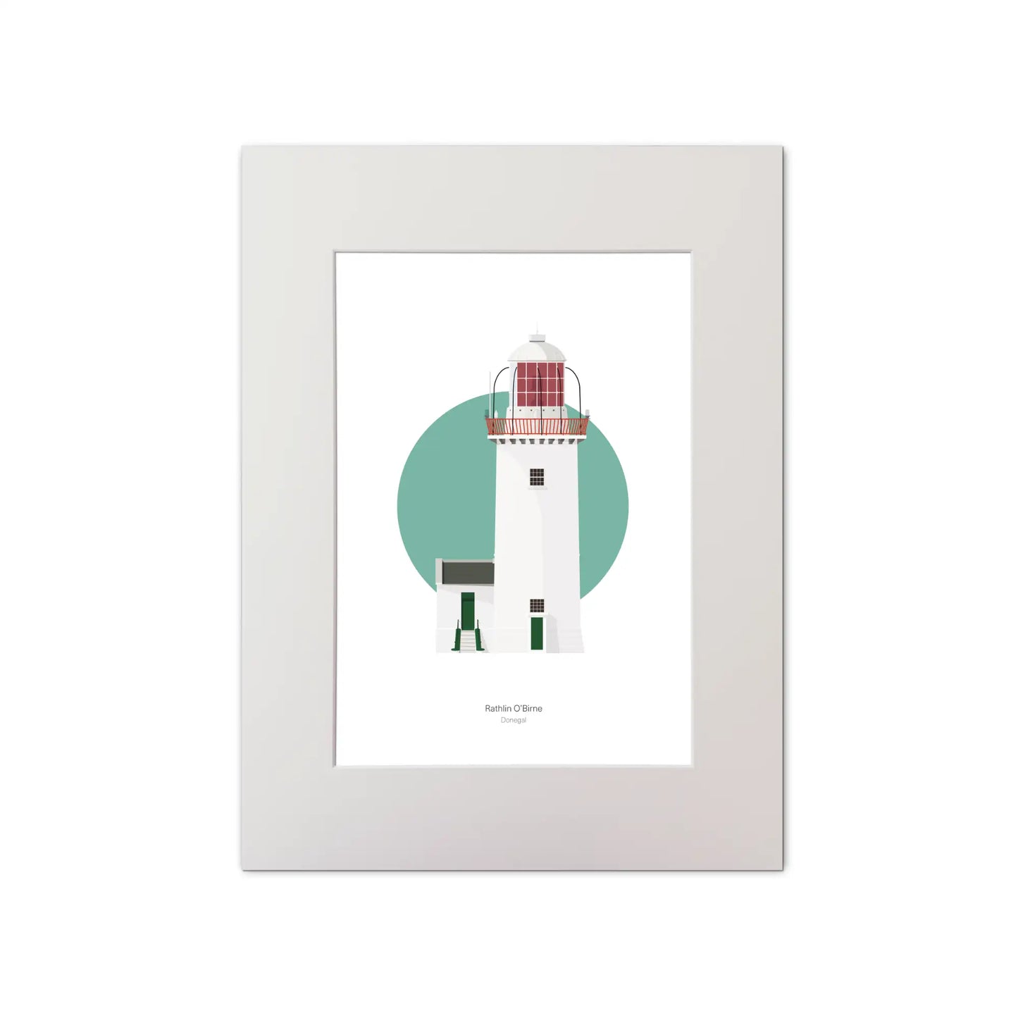 Contemporary graphic illustration of Rathlin O’Birne lighthouse on a white background inside light blue square, mounted and measuring 30x40cm.