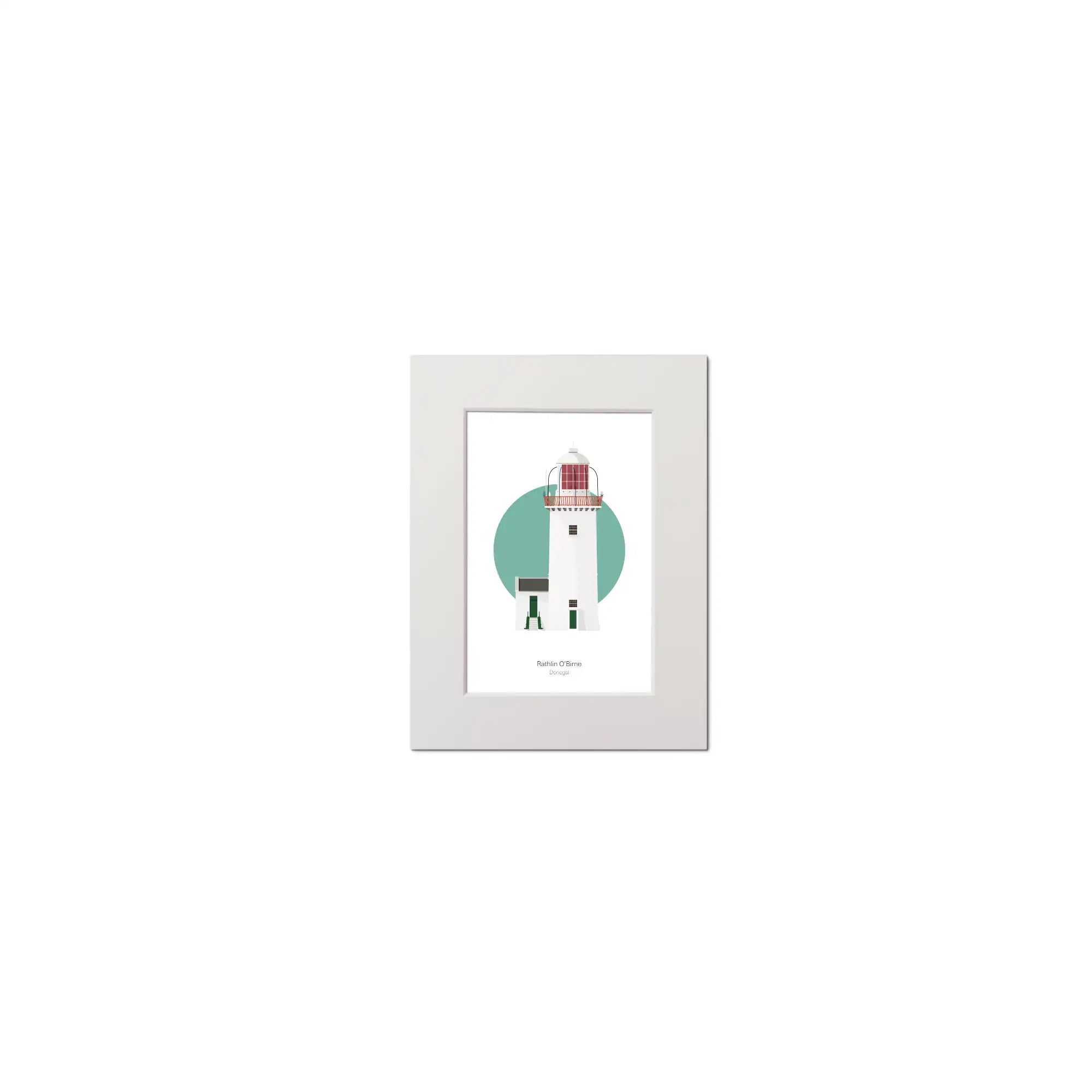 Contemporary graphic illustration of Rathlin O’Birne lighthouse on a white background inside light blue square, mounted and measuring 15x20cm.