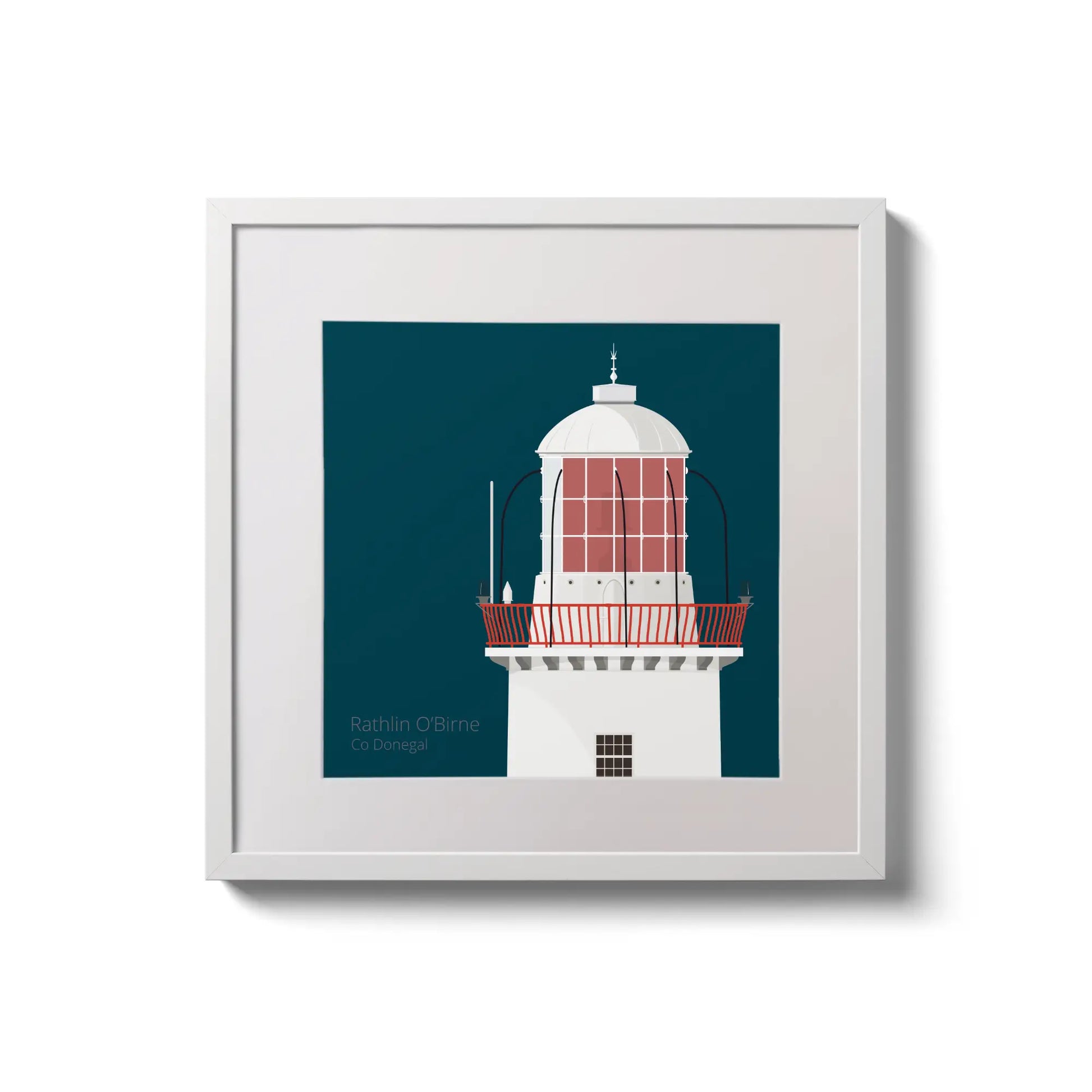 Framed wall art decoration Rathlin O'Birne lighthouse on a midnight blue background,  in a white square frame measuring 20x20cm.