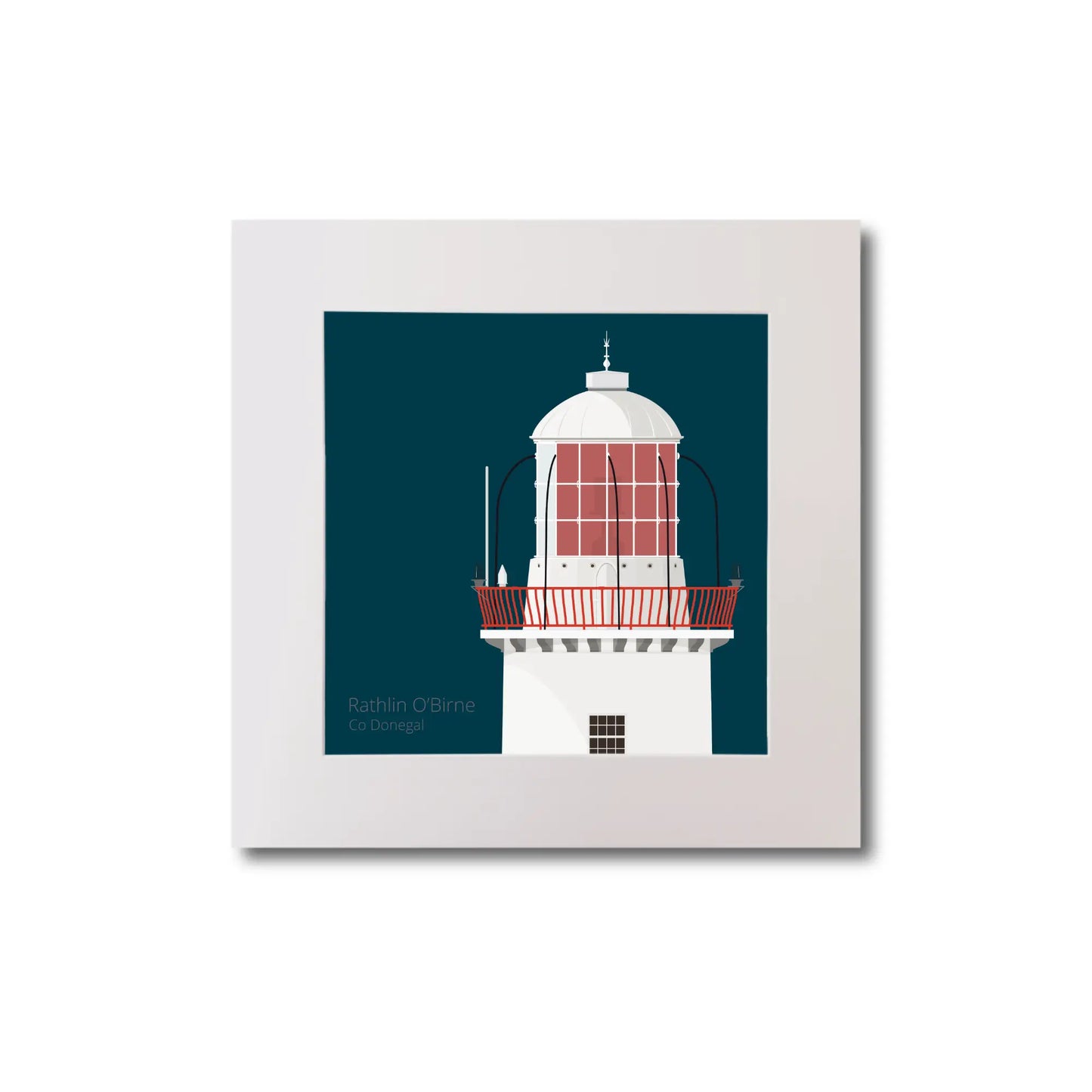 Illustration Rathlin O'Birne lighthouse on a midnight blue background, mounted and measuring 20x20cm.