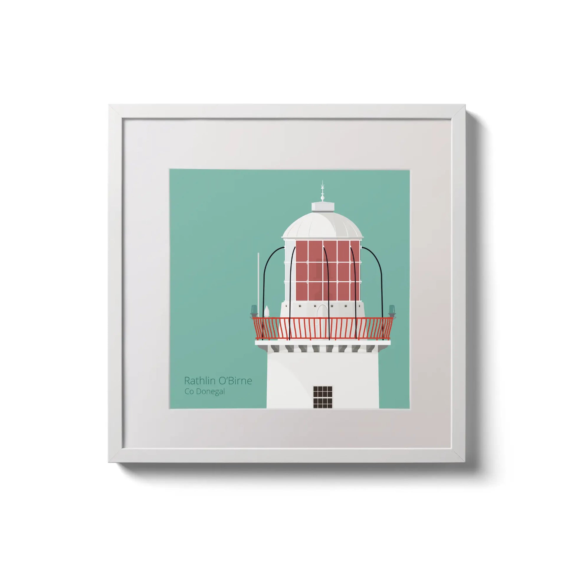 Contemporary wall hanging Rathlin O'Birne lighthouse on an ocean green background,  in a white square frame measuring 20x20cm.