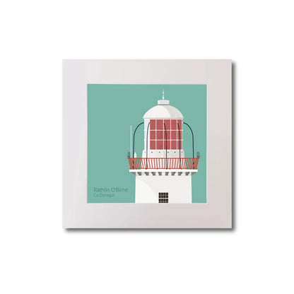 Illustration Rathlin O'Birne lighthouse on an ocean green background, mounted and measuring 20x20cm.