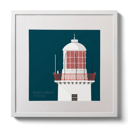 Illustration Rathlin O'Birne lighthouse on a midnight blue background,  in a white square frame measuring 30x30cm.