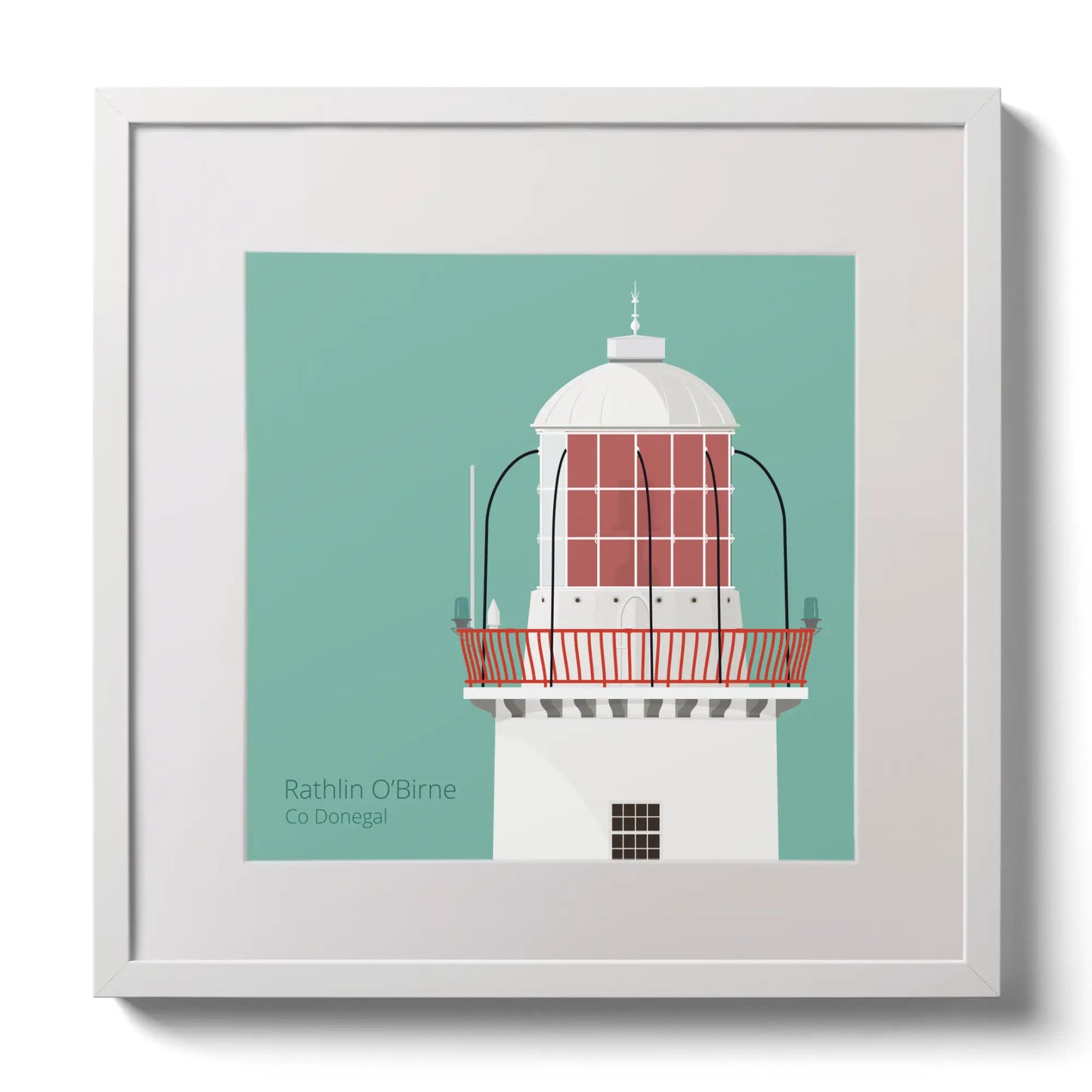 Illustration Rathlin O'Birne lighthouse on an ocean green background,  in a white square frame measuring 30x30cm.