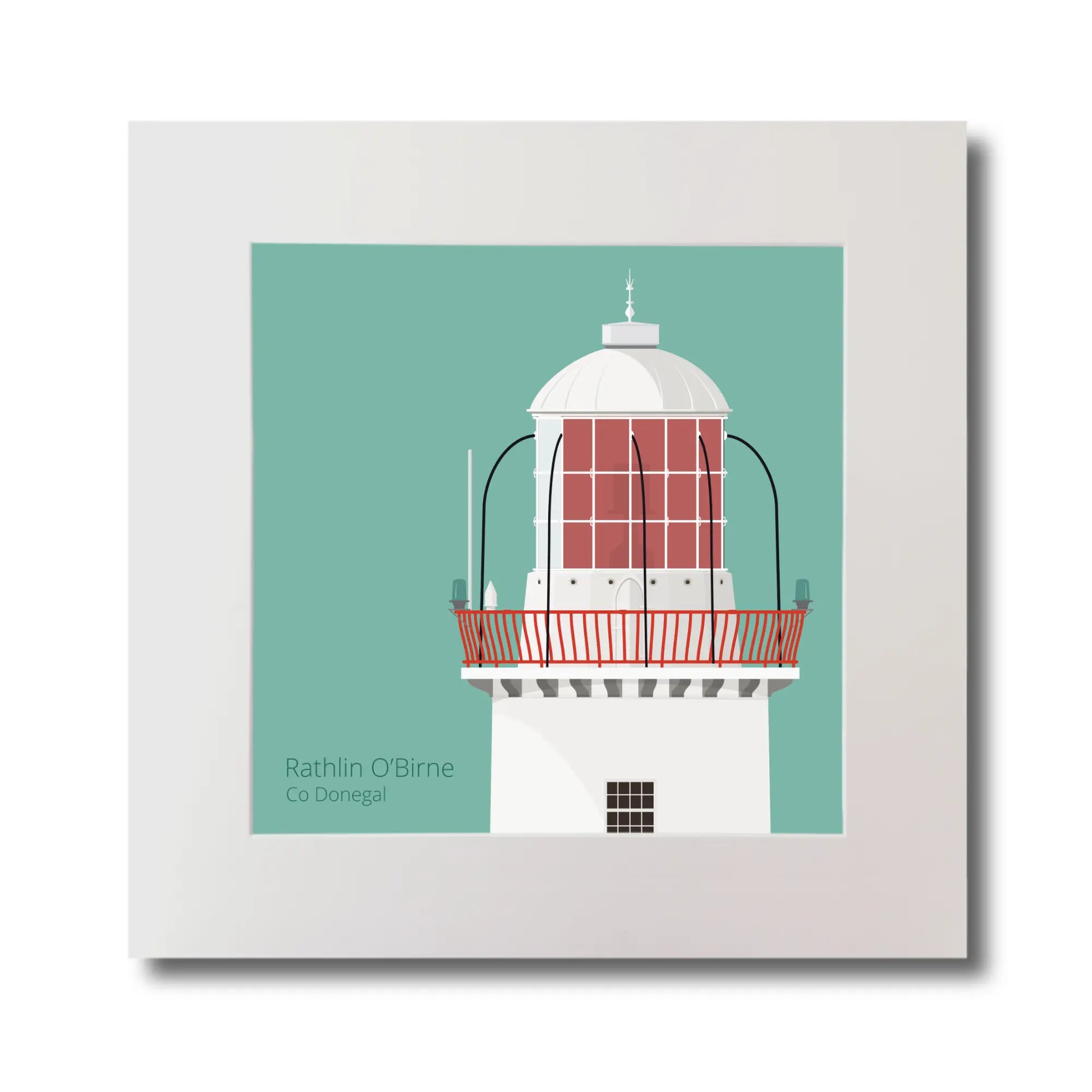 Illustration Rathlin O'Birne lighthouse on an ocean green background, mounted and measuring 30x30cm.