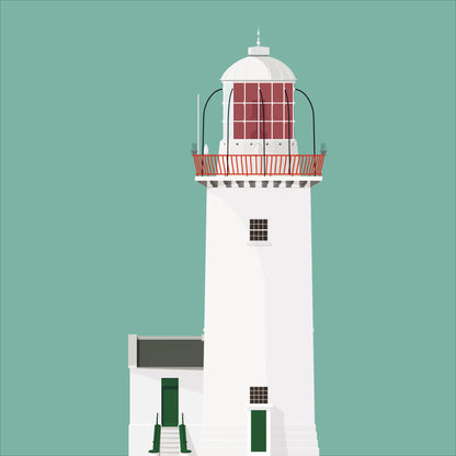 Contemporary graphic illustration of Rathlin O’Birne lighthouse on a white background inside light blue square.