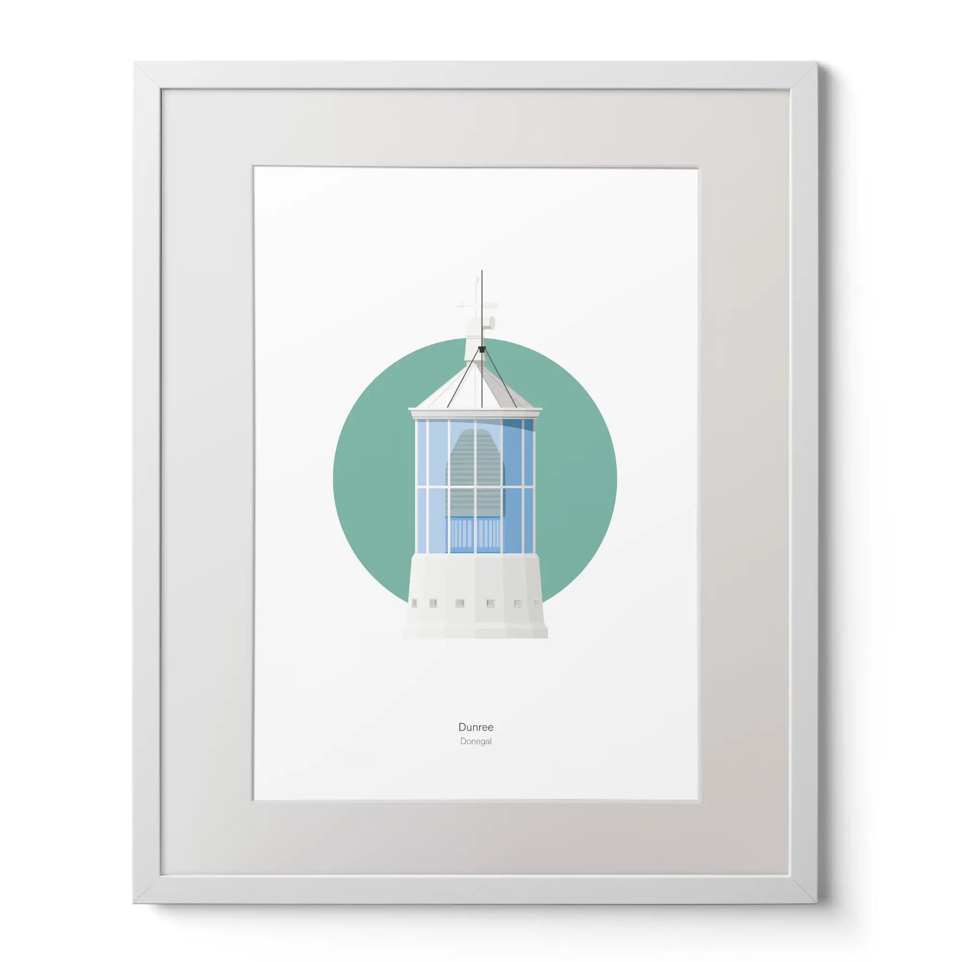 Contemporary art print of Dunree lighthouse on a white background inside light blue square,  in a white frame measuring 40x50cm.