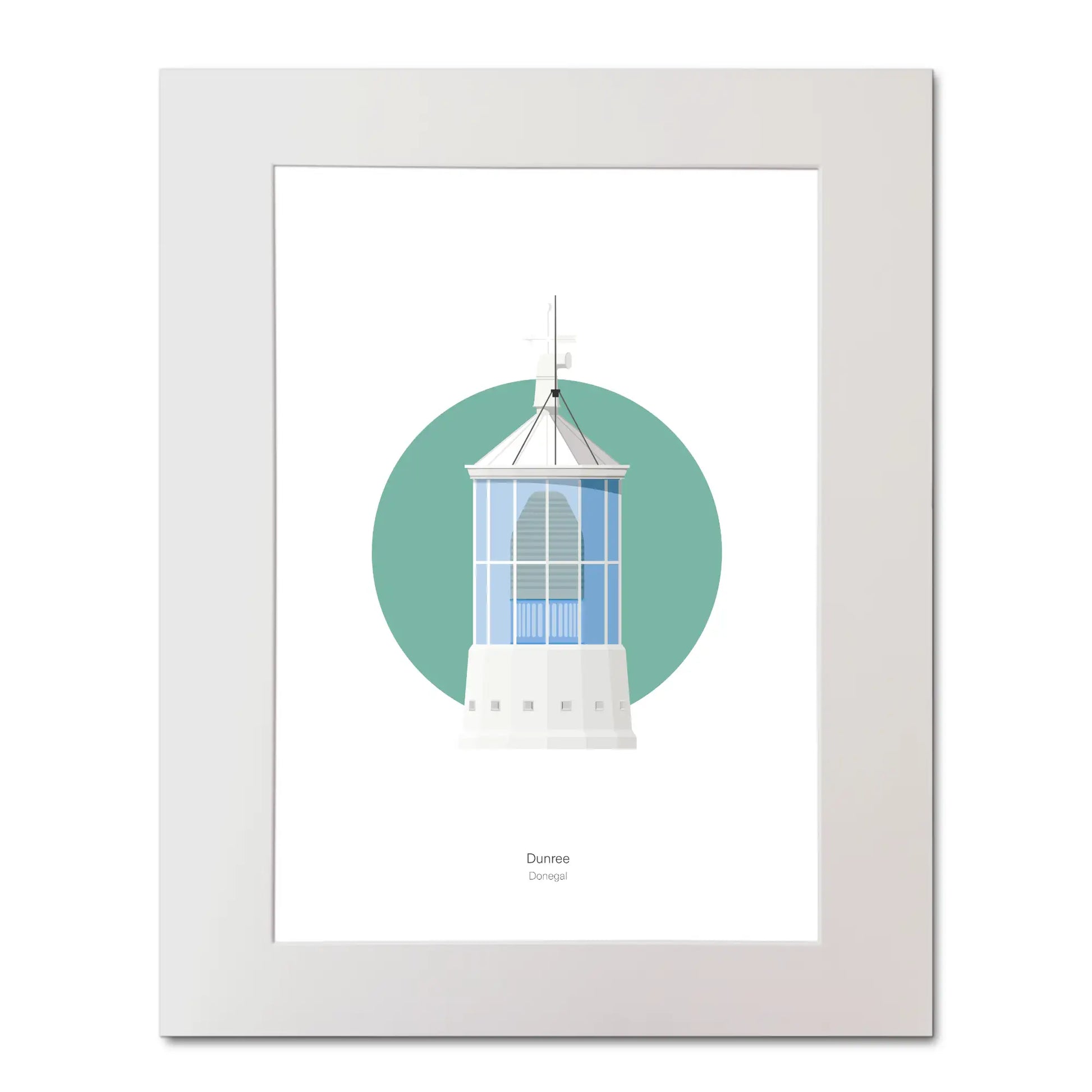 Contemporary illustration of Dunree lighthouse on a white background inside light blue square, mounted and measuring 40x50cm.