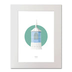Contemporary illustration of Dunree lighthouse on a white background inside light blue square, mounted and measuring 40x50cm.