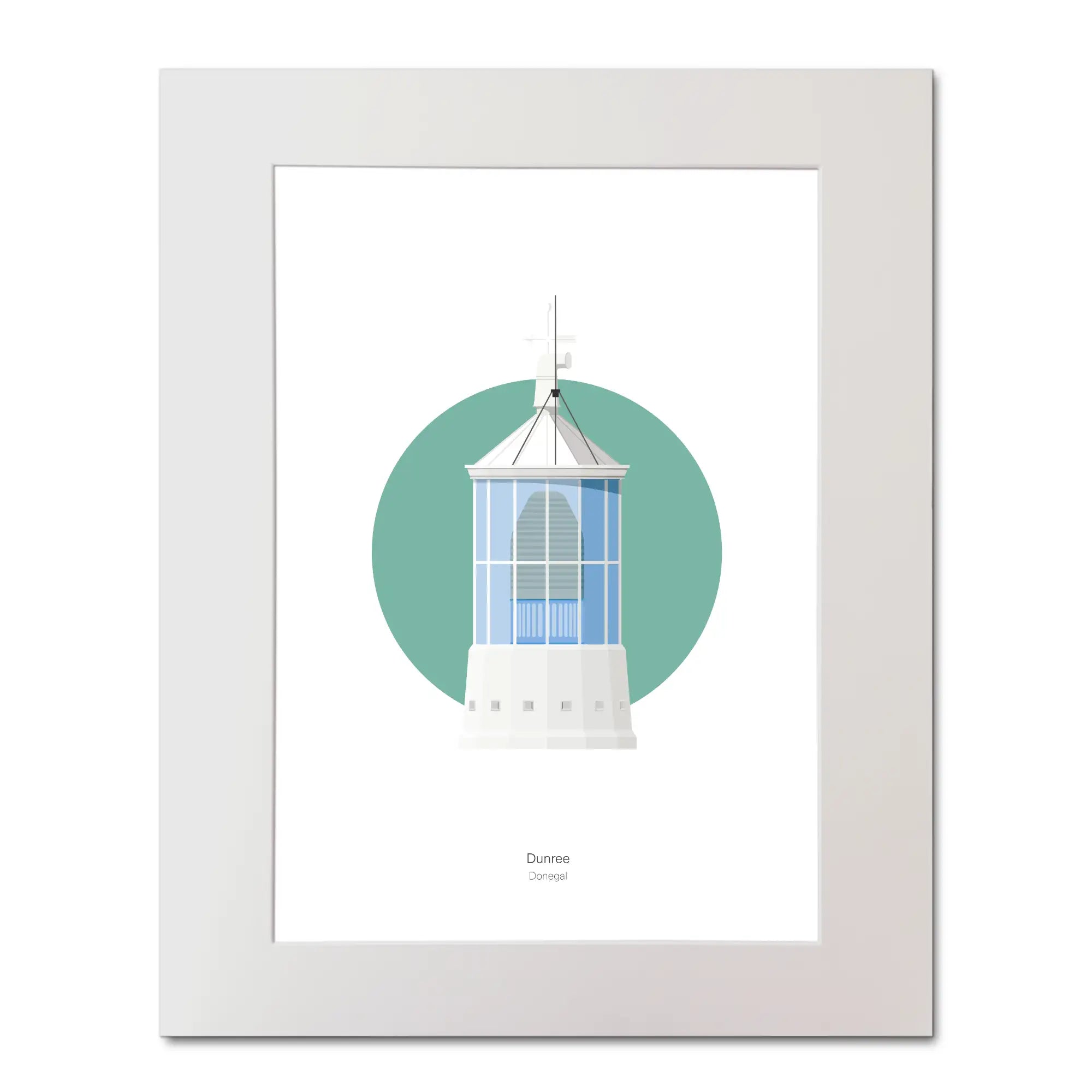 Contemporary illustration of Dunree lighthouse on a white background inside light blue square, mounted and measuring 40x50cm.