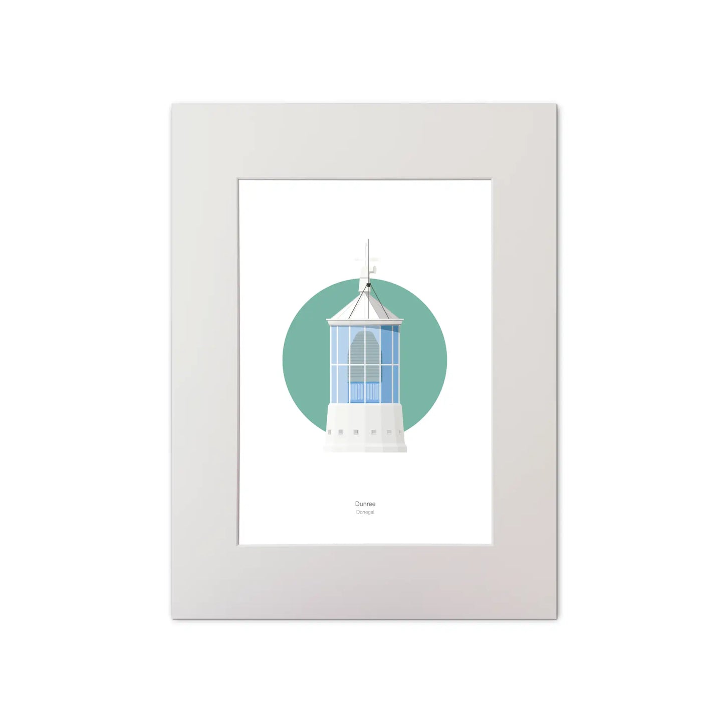 Contemporary graphic illustration of Dunree lighthouse on a white background inside light blue square, mounted and measuring 30x40cm.