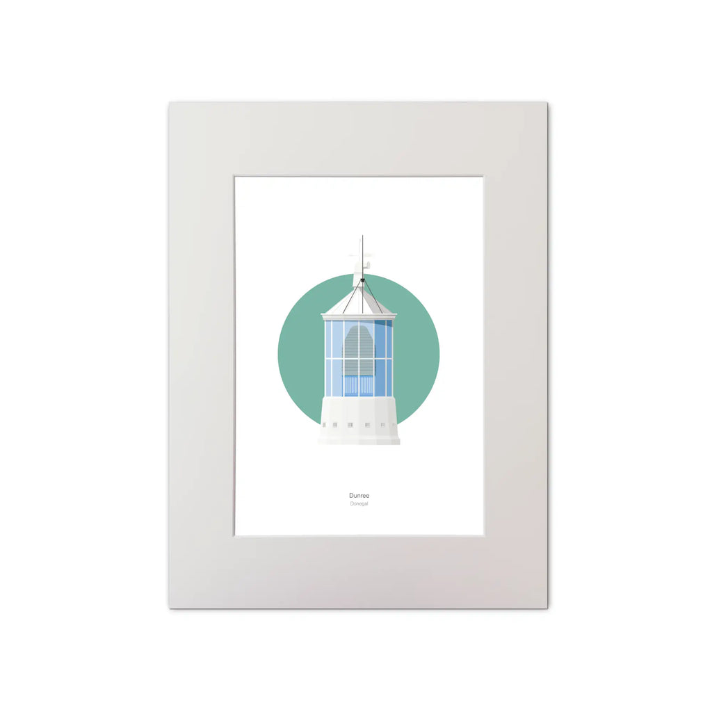 Contemporary graphic illustration of Dunree lighthouse on a white background inside light blue square, mounted and measuring 30x40cm.
